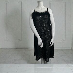 Vintage Black Leopard Slip Dress with Feather Trim Y2K Lingerie-Inspired Midi 2X